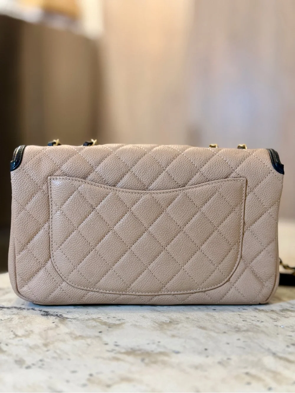 CHANEL Small CC Filigree Flap Bag Beige Black, Caviar Leather GHW
